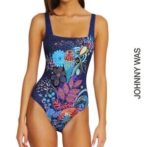 Johnny Was Women's Swimsuit XS Sea Owl Print Floral Square Neck One Piece NWT